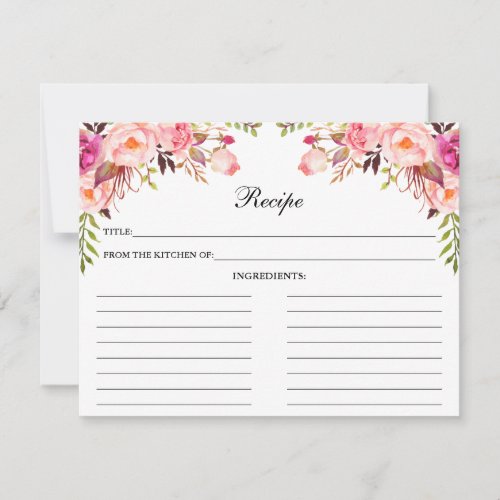 Watercolor Pink Floral Shower Recipe Card