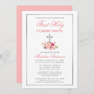 Watercolor Pink Floral Silver First Communion Invitation