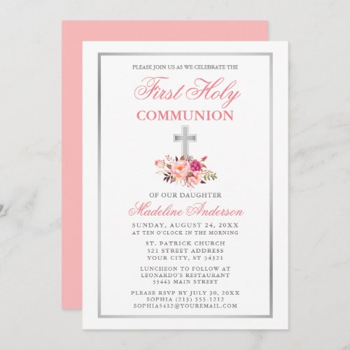 Watercolor Pink Floral Silver First Communion Invitation