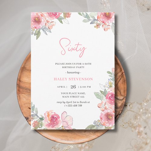 Watercolor Pink Floral Sixty Boho Chic Birthday Invitation