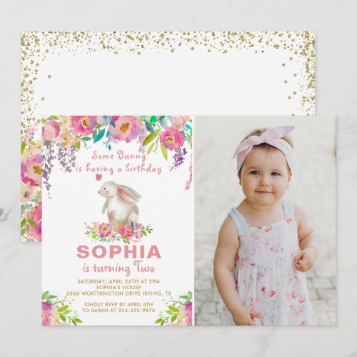 Watercolor Pink Floral Some Bunny Birthday Photo