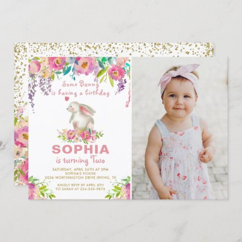 Watercolor Pink Floral Some Bunny Birthday Photo Invitation