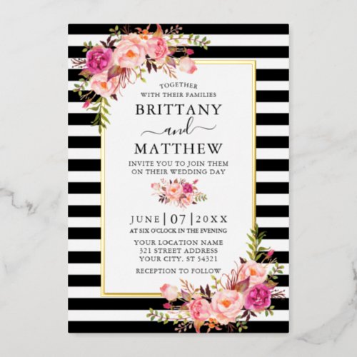  Watercolor Pink Floral Striped Wedding Gold Foil Invitation