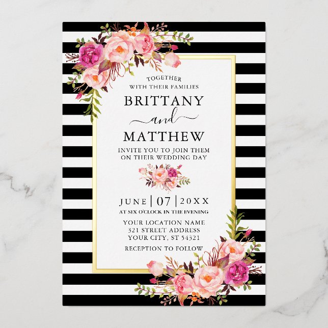  Watercolor Pink Floral Striped Wedding Gold Foil Invitation (Front)