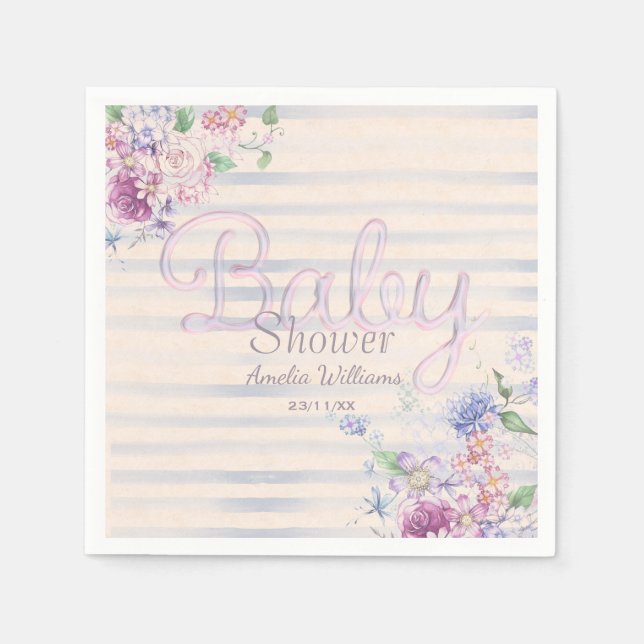 Watercolor Pink Floral & Stripes Girl Baby Shower Napkins (Front)
