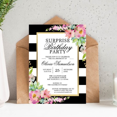 Watercolor Pink Floral SURPRISE Birthday Party Invitation