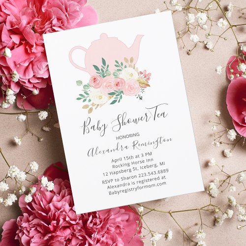 Watercolor Pink Floral Tea Baby Shower Invitation