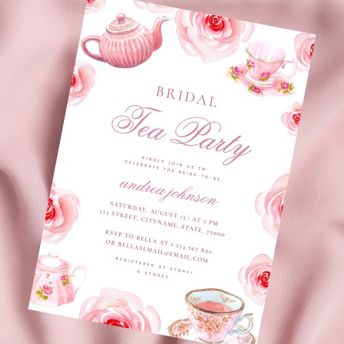 Watercolor Pink Floral Tea Party Bridal Shower Invitation