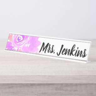 Watercolor Pink Floral Teachers Desk Name Plate