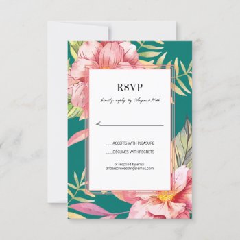 Watercolor Pink Floral Teal Wedding Rsvp Invitation by daisylin712 at Zazzle