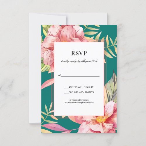 Watercolor Pink Floral Teal Wedding RSVP Invitation