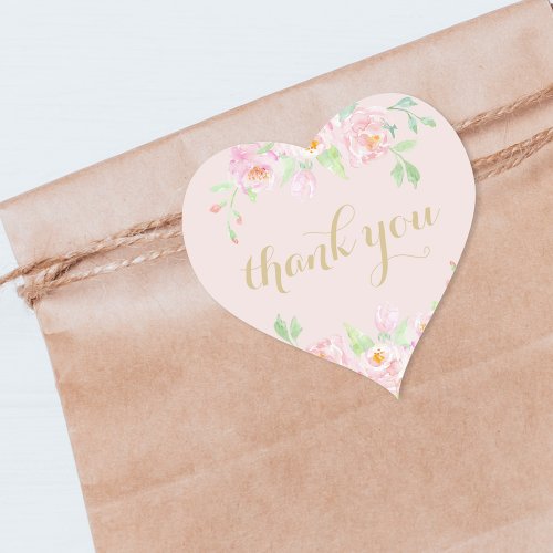 Watercolor Pink Floral Thank You Blush Pink Heart Sticker