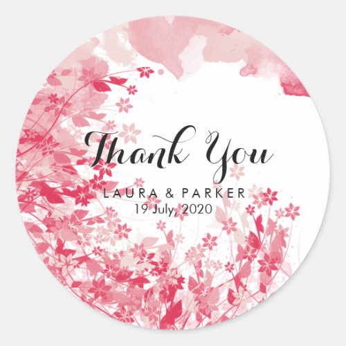Watercolor Pink Floral Thank You Wedding Artist Classic Round Sticker