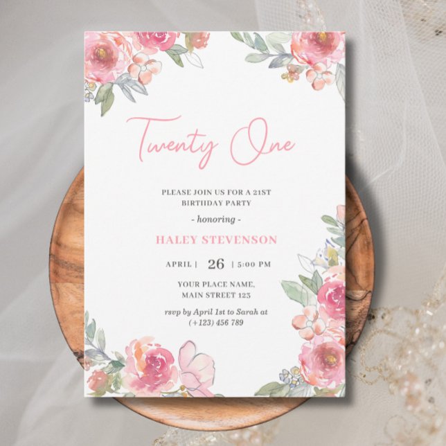 Watercolor Pink Floral Twenty One Boho Birthday Invitation (Creator Uploaded)