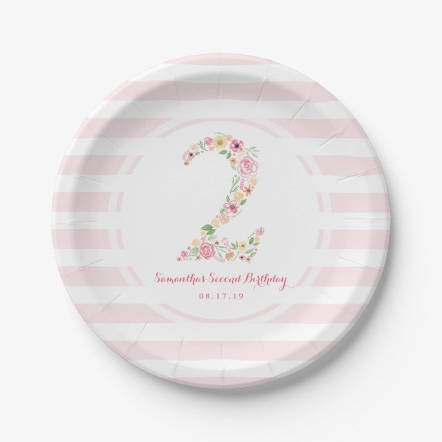 Watercolor Pink Floral Two 2nd Birthday Paper Plates (Front)