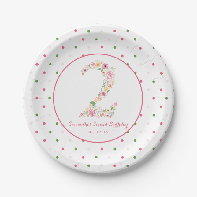 Watercolor Pink Floral Two 2nd Birthday Paper Plates (Front)