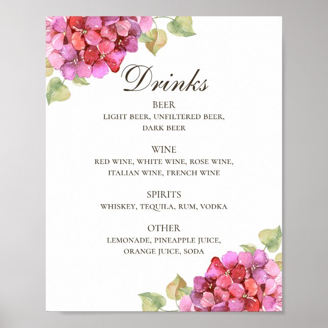 Watercolor pink floral wedding alcohol drinks bar poster (Front)