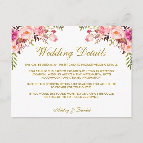 Watercolor Pink Floral Wedding Details Insert Card