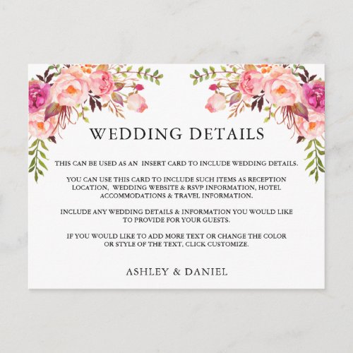 Watercolor Pink Floral Wedding Details Insert Card