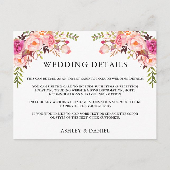 Watercolor Pink Floral Wedding Details Insert Card (Front)