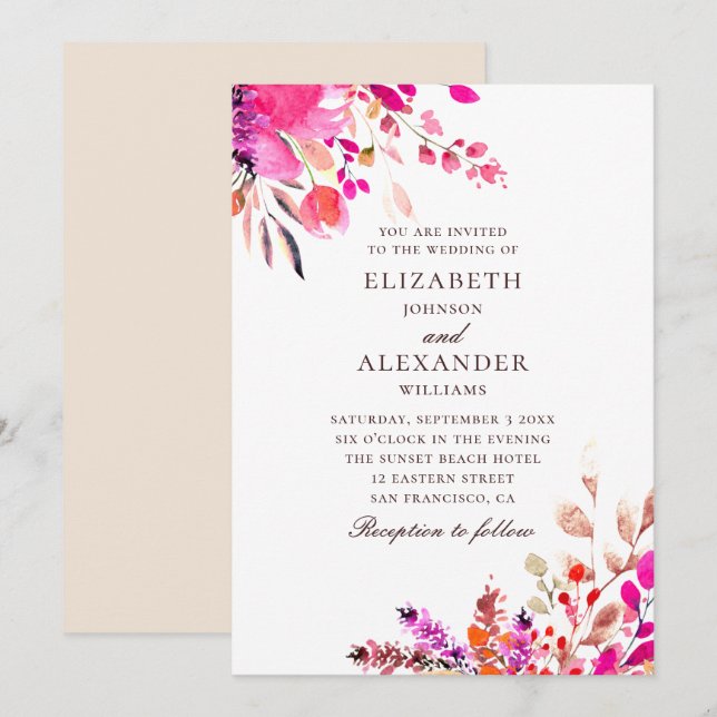 Watercolor pink floral wedding. Garden botanical  Invitation (Front/Back)