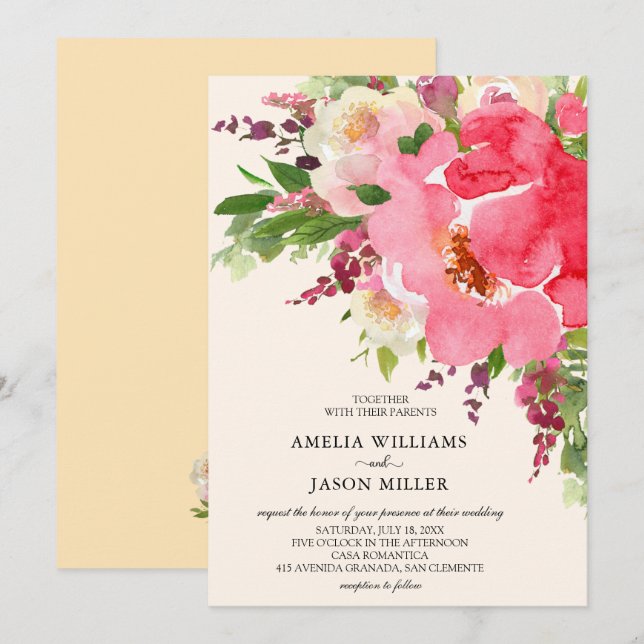 Watercolor Pink Floral Wedding Invitations (Front/Back)