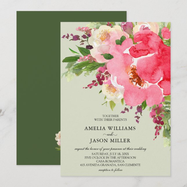 Watercolor Pink Floral Wedding Invitations (Front/Back)