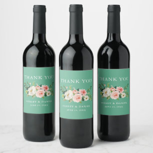 Watercolor Pink Floral Wedding Neo Mint Wine Label