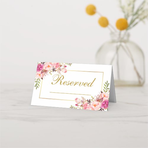 Watercolor Pink Floral Wedding Reserved Gold Place Card