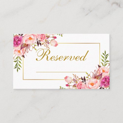 Watercolor Pink Floral Wedding Reserved Name Gold Place Card