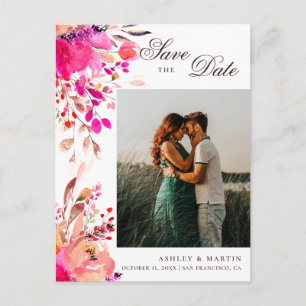 Watercolor pink floral wedding Save the Date Postcard