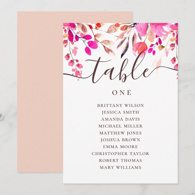 Watercolor pink floral wedding seating chart invitation (Front/Back)