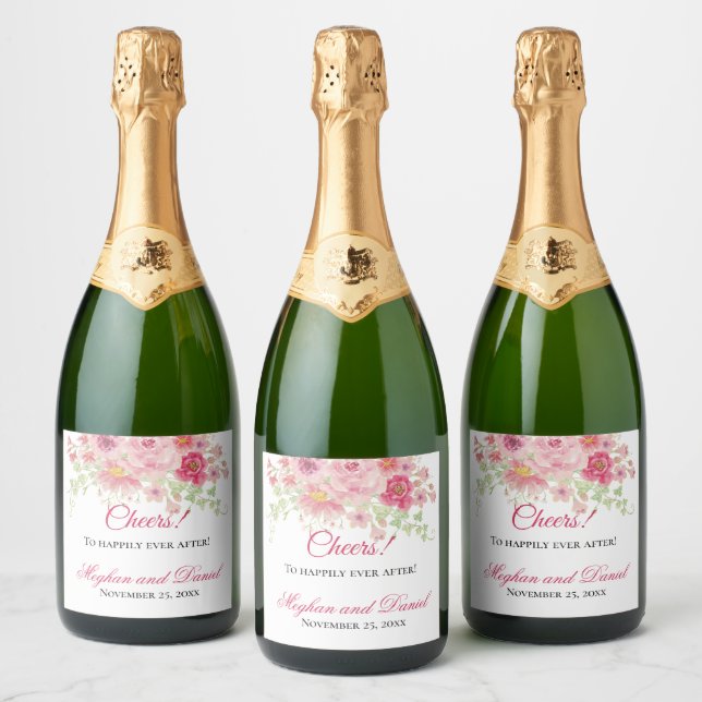 Watercolor Pink Floral Wedding   Sparkling Wine Label (Bottles)