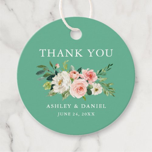 Watercolor Pink Floral Wedding Thank You Neo Mint Favor Tags
