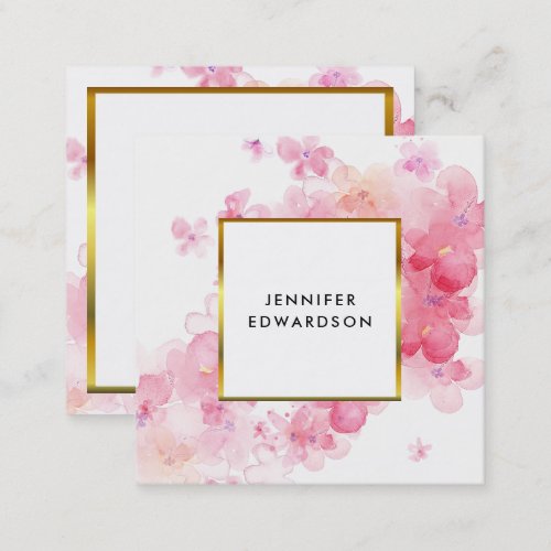 Watercolor pink floral white gold professional square business card