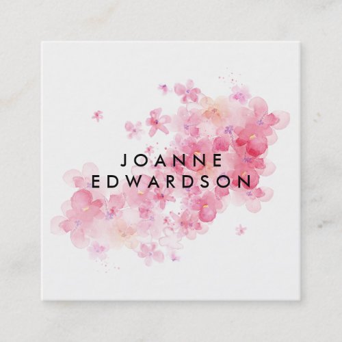 Watercolor pink floral white professional square business card