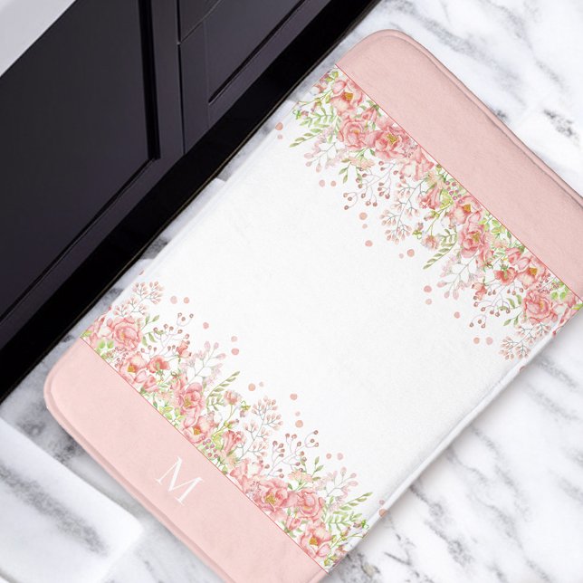 Watercolor Pink Floral Wildflowers Monogram Bath Mat (Watercolor Pink Floral Wildflowers Monogram Bath Mat)