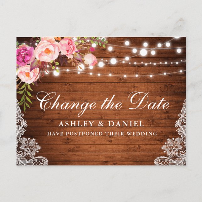 Watercolor Pink Floral Wood Change The Date Postcard (Front)