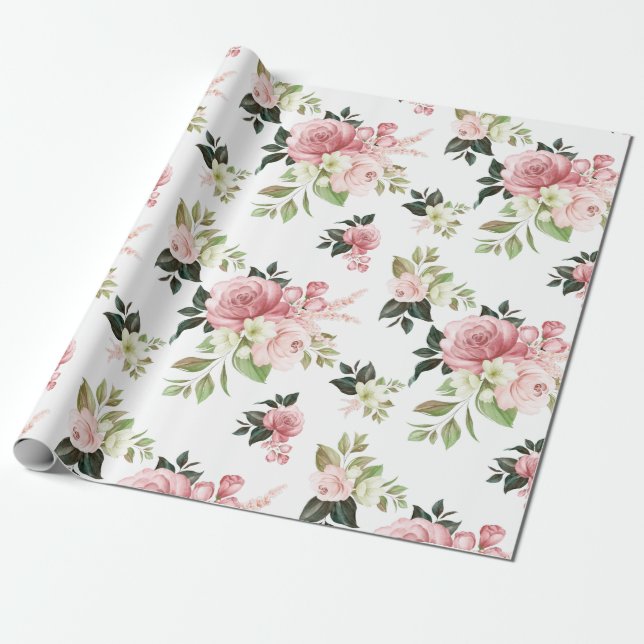 Watercolor Pink Floral Wrapping Paper (Unrolled)