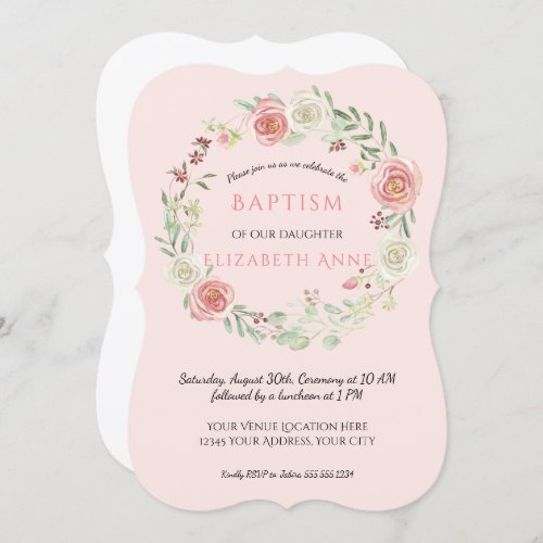 Watercolor Pink Floral Wreath Baptism Baby Girl Invitation