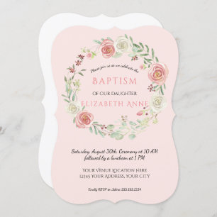 Watercolor Pink Floral Wreath Baptism Baby Girl Invitation