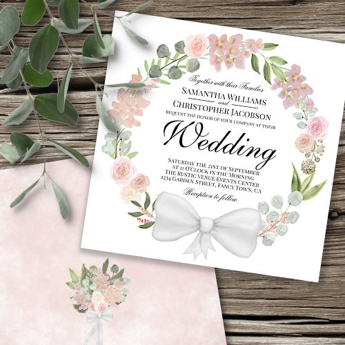 Watercolor Pink Floral Wreath Elegant Wedding Invitation