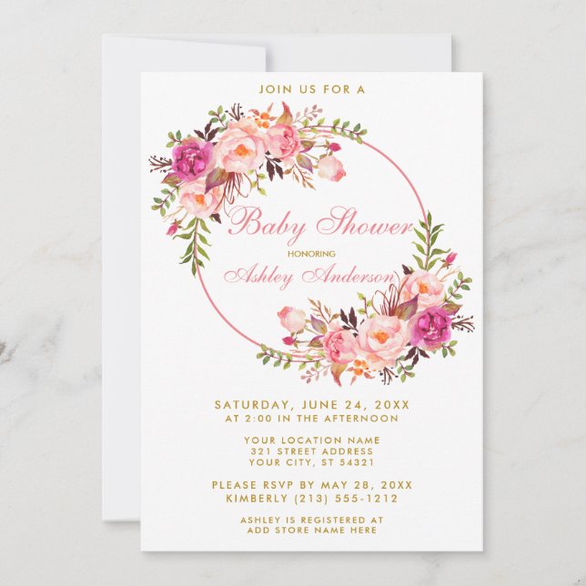 Watercolor Pink Floral Wreath Gold Baby Shower Invitation (Front)