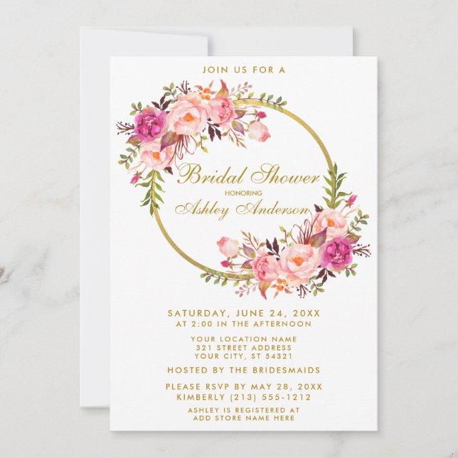 Watercolor Pink Floral Wreath Gold Bridal Shower Invitation (Front)