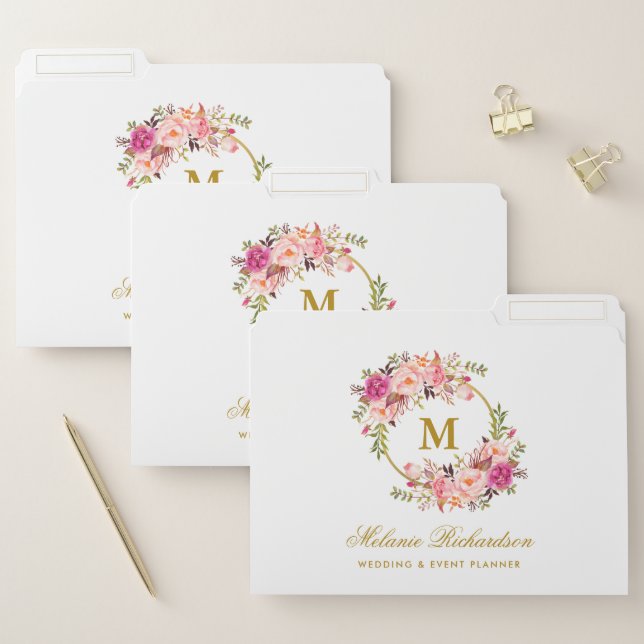 Watercolor Pink Floral Wreath Gold Monogram File Folder (Set)