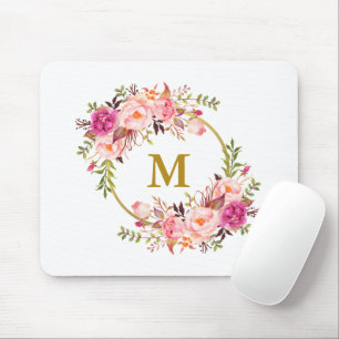 Watercolor Pink Floral Wreath Gold Monogram Mouse Pad