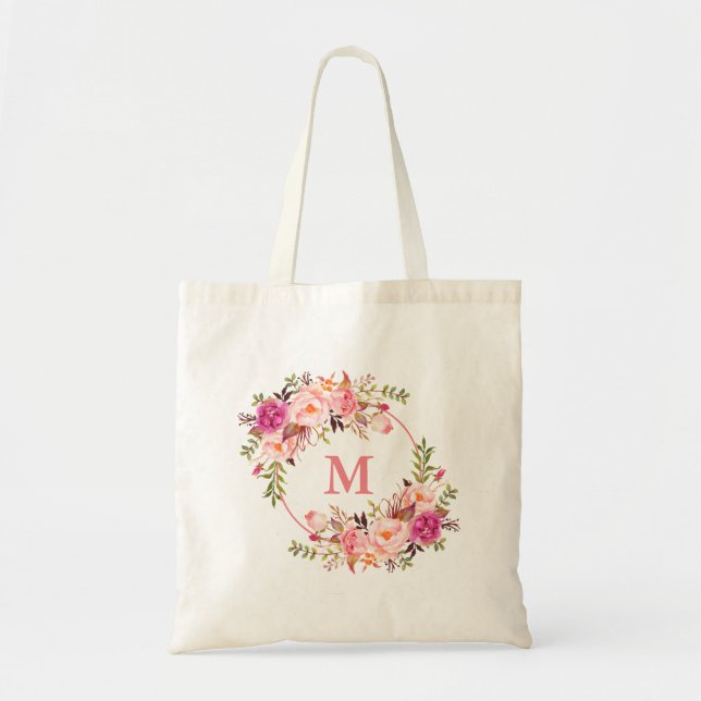 Watercolor Pink Floral Wreath Monogram Tote Bag (Front)