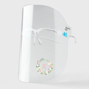Watercolor Pink Floral Wreath Monogrammed Face Shield