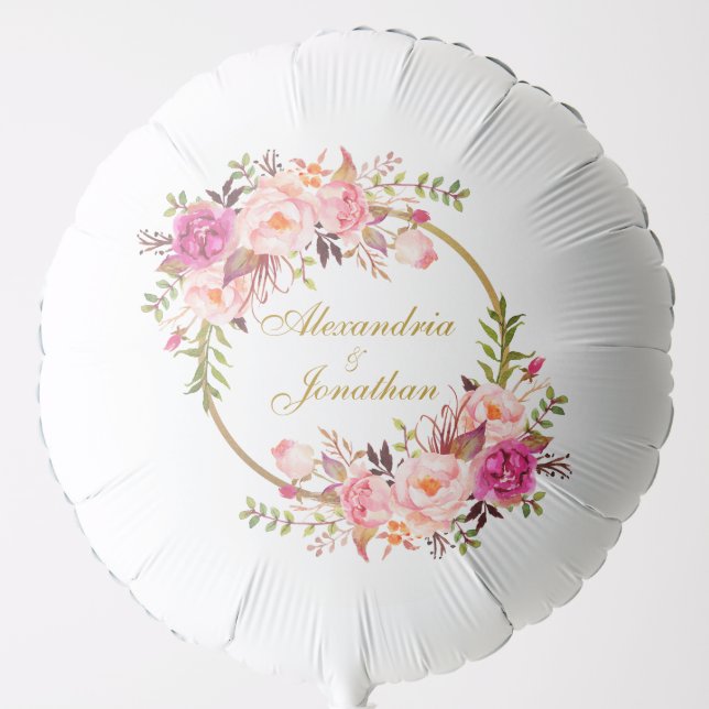 Watercolor Pink Floral Wreath Wedding Gold Names Balloon (Front)
