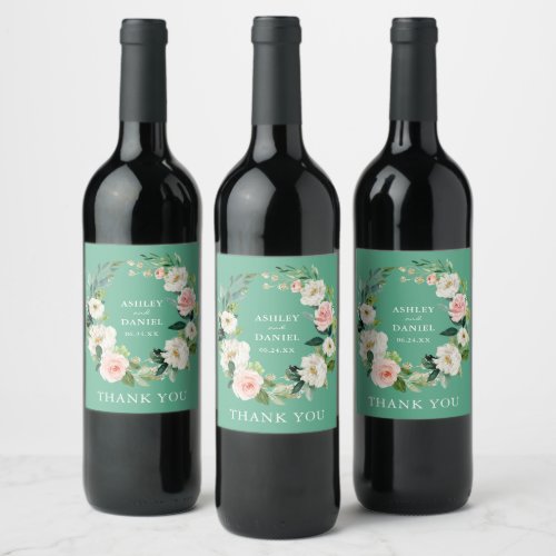Watercolor Pink Floral Wreath Wedding Neo Mint Wine Label